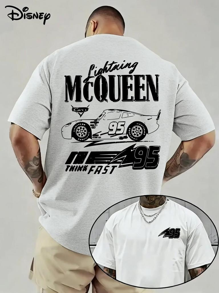 Beige Oversized Short-Sleeve T-Shirt Featuring Disney Pixar Cars Lightning McQueen 95 Race Car Sketch, "Think Fast" Slogan and Number 95 Lightning
