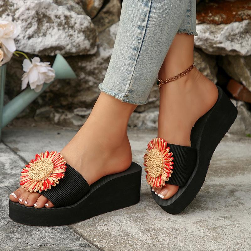 Fashion Sunflower Wedges Sandals for Women Plus Size Thick Sole Non Slip Slippers Woman Summer Light Comfort Chunky Platform Slippers