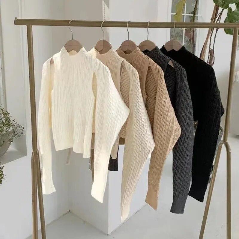 Korean Chic Autumn Turtleneck Vests Women Sweater Tank Tops And Long Sleeve Short Knitted Cape Cardigan Two Piece Set 29496