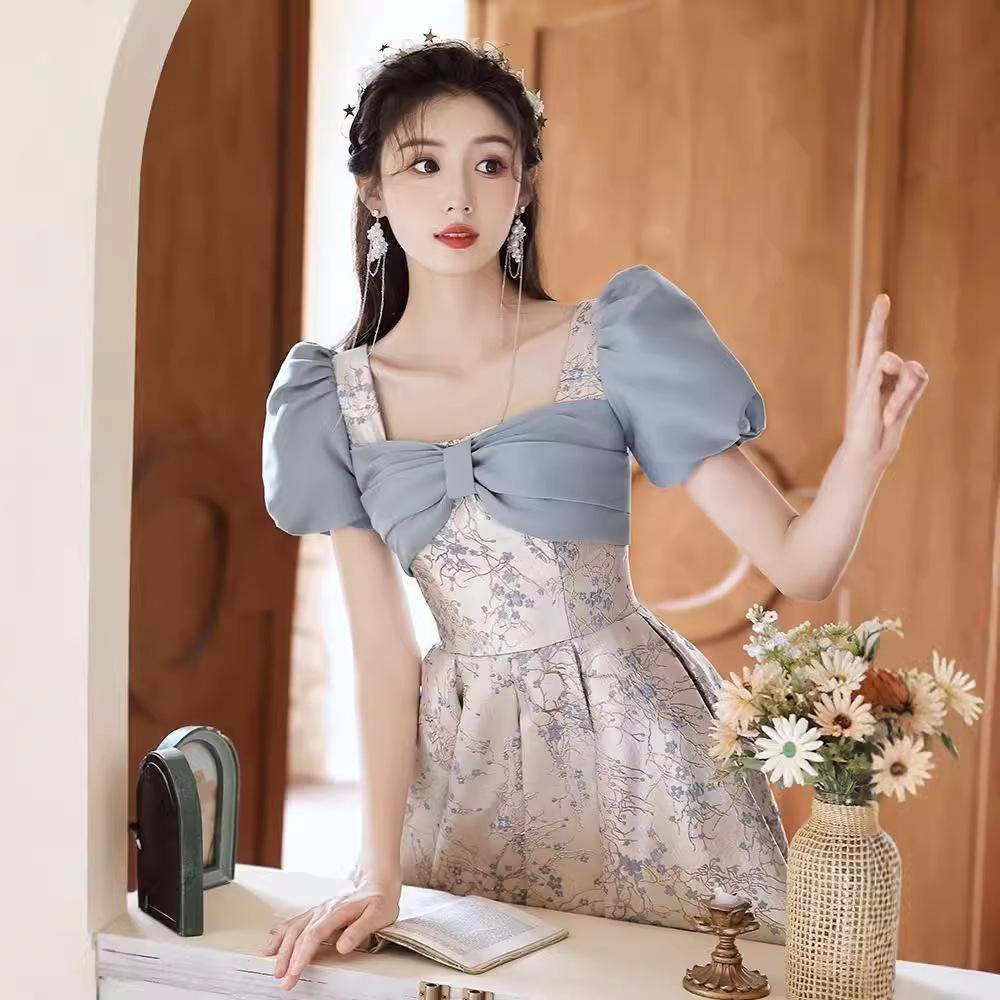 Blue evening dress female feeling on the run princess style coming of age light luxury niche annual meeting host banquet dress