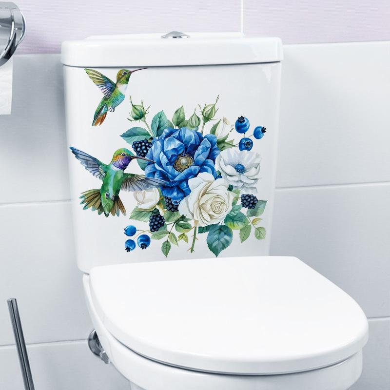 Hummingbird Rose Wall Stickers Waterproof Vinyl Flowers Decals for Bathroom Tiles Washbasin Mirror Peel & Stick Home Decor Floral Bird Art