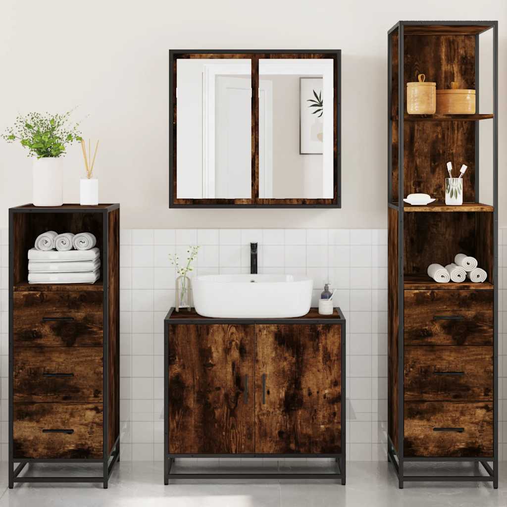4 Piece Bathroom Furniture Set Smoked Oak Wood Based Material