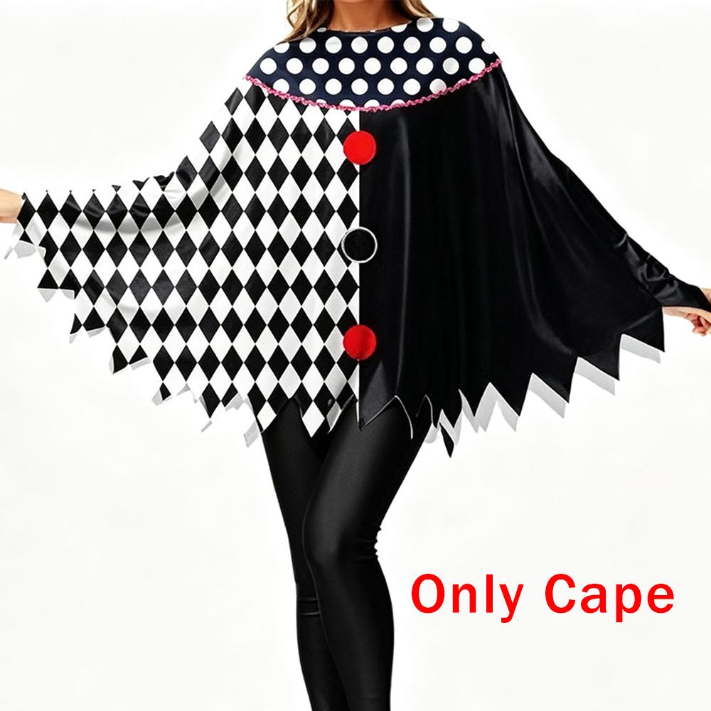 Clown Cosplay Costume Cloak Color-blocked Polka-dot Diamond Fun Joker Cape Ruffled Collar Cheerful Theme Party Halloween Set