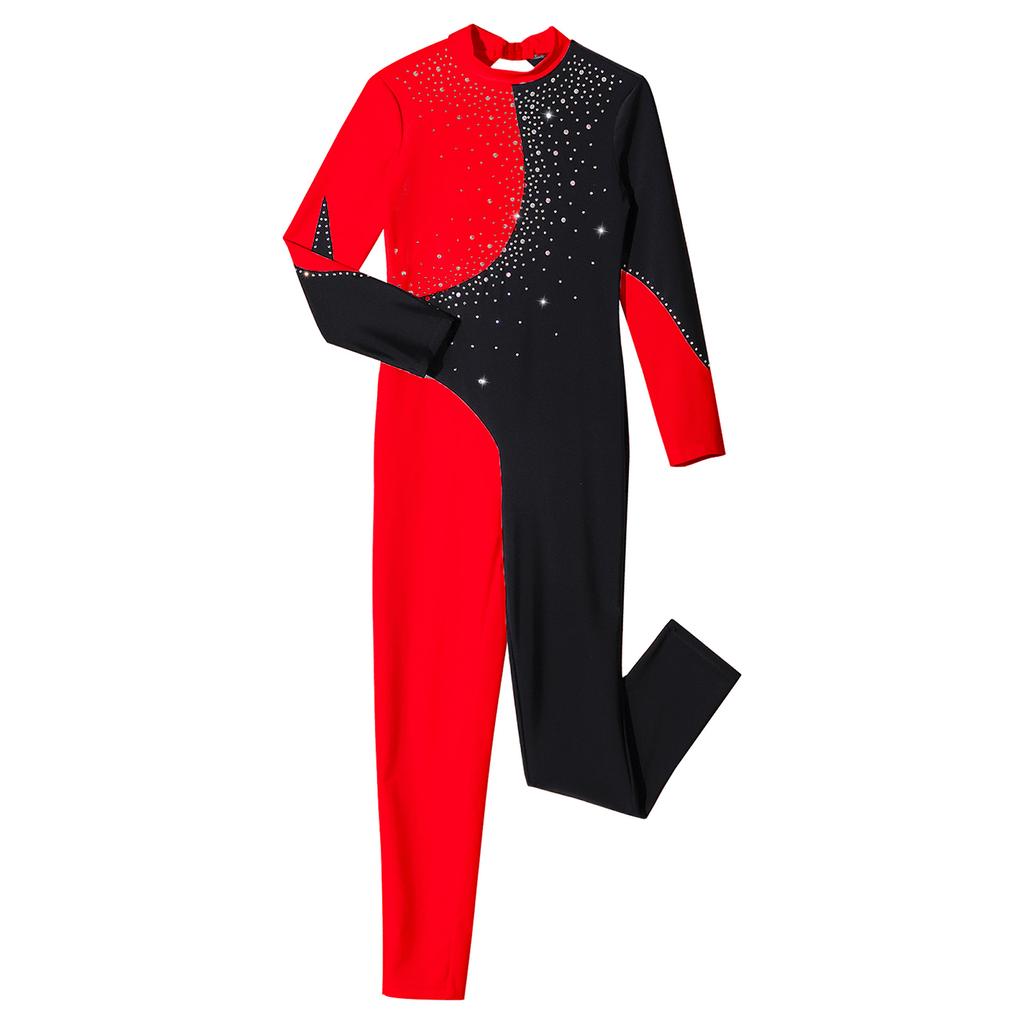 Girls Long Sleeve Round Collar Shiny Rhinestone Decorated Contrast Color Backless Jumpsuit Gymnastic Wear