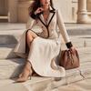 Womens 2026 Fall Vintage Lapel Long Trench Coat Double Breasted Color Block Outerwear