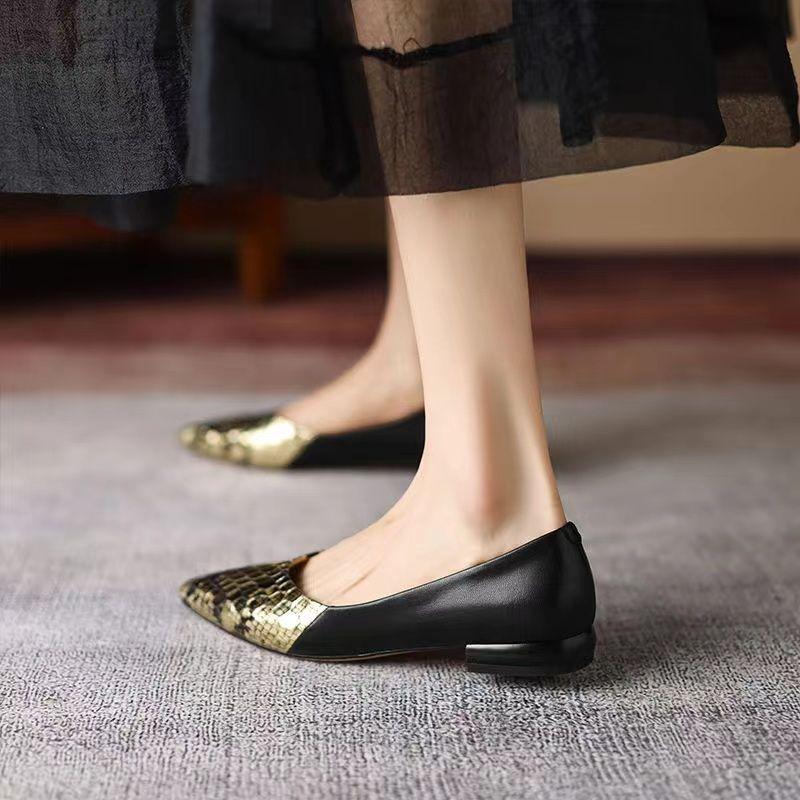 Туфли-лодочки с острым носком, узором под змею, без застежки, на низком каблуке, элегантные, для женщин, летние, молодежный тренд, корейский стиль, шик, острый носок, повседневные, женские балетки
