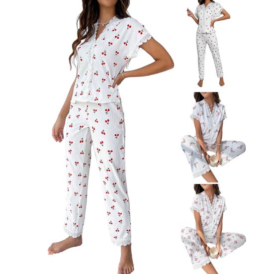 Women's Cherry Print Pajama Set Short Sleeve Button Front Top Long Pants Sleepwear Set Lace