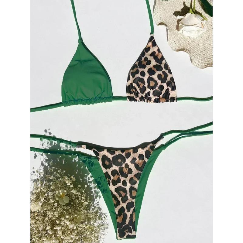 Бикини с леопардовым принтом и бретельками через шею 2025 года, мини-микробикини, женский купальник, женский купальник, комплект бикини из двух частей, купальный костюм, плавание