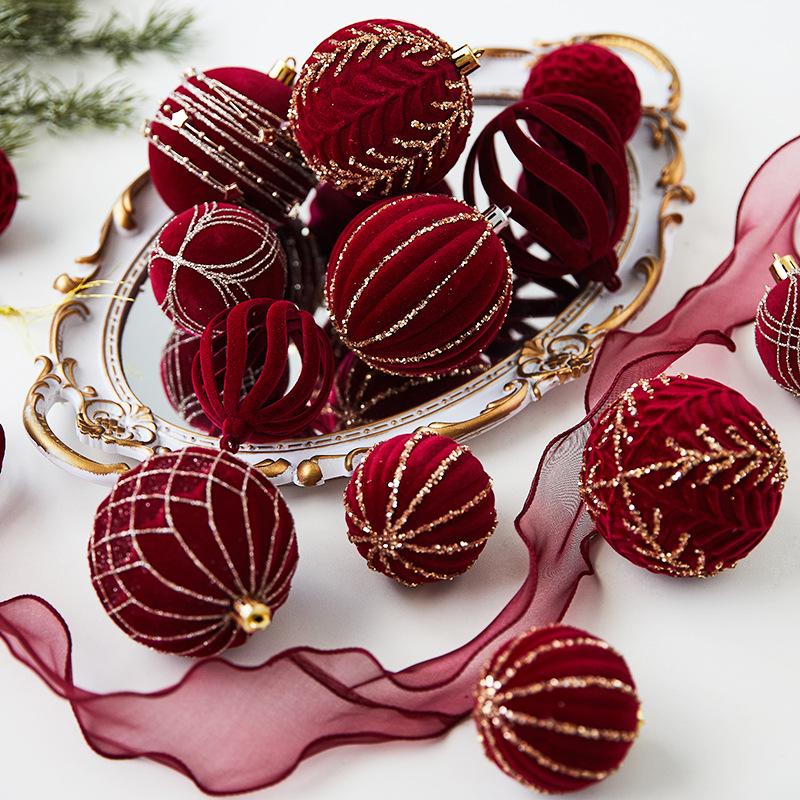 Hand-Painted Wine Red Christmas Ornament - Flocked Hanging Ball for Trees, Hotels, Malls, and Window Displays