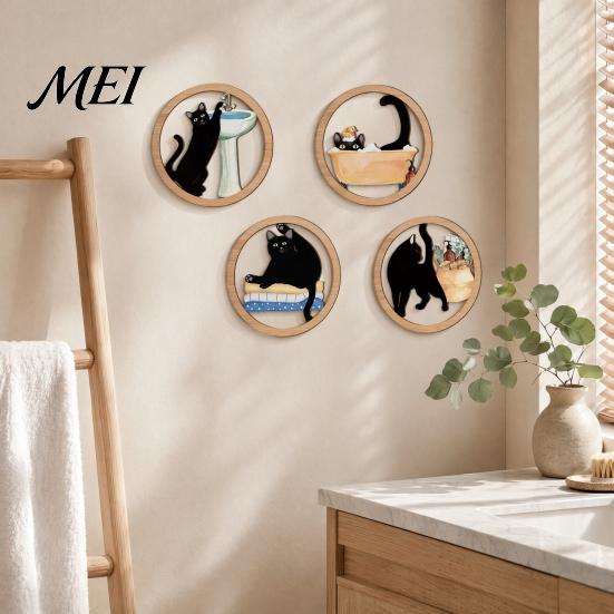 Durable Wooden Wall Hanging 4 Pcs Minimalist Black Cat Art, Geometric Round Circle Natural Wood Decor Decor, Abstract Sign for Living Room,