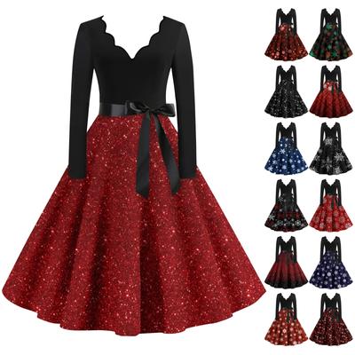 Женские повседневные модные длинные платья с рождественским графическим принтом и длинными рукавами в винтажном стиле