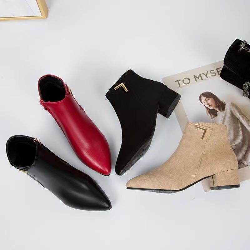 Женские ботильоны на низком каблуке с острым носком, короткие ботильоны для женщин, новая модная универсальная корейская версия, на толстом каблуке, Мартин б