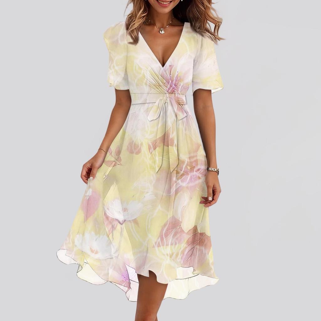 Женские модные повседневные платья с V-образным вырезом, короткими рукавами и оборками, винтажным принтом