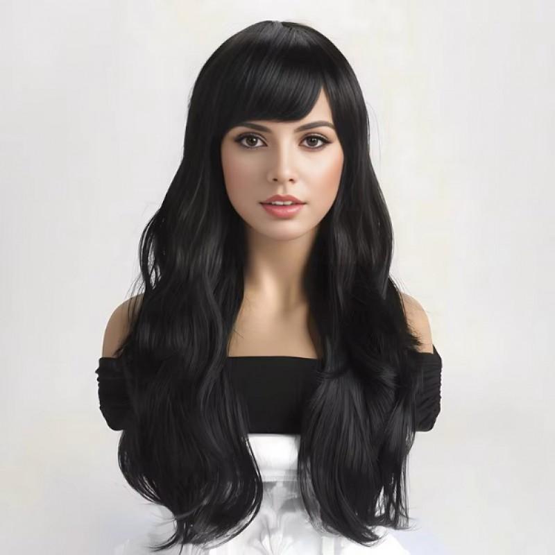 Womens Long Wavy Synthetic Wig With Adjustable Bangs Full Cap Heat-Resistant Hairpiece Daily Wear