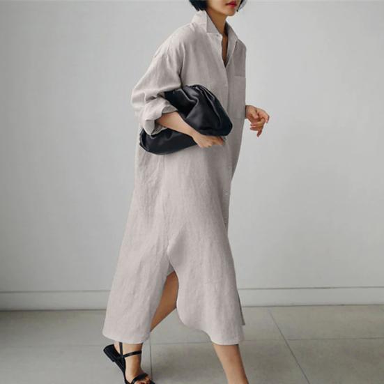 Женское платье с длинным рукавом, нерегулярным разрезом, однотонное однобортное повседневное платье-рубашка со свободными лацканами