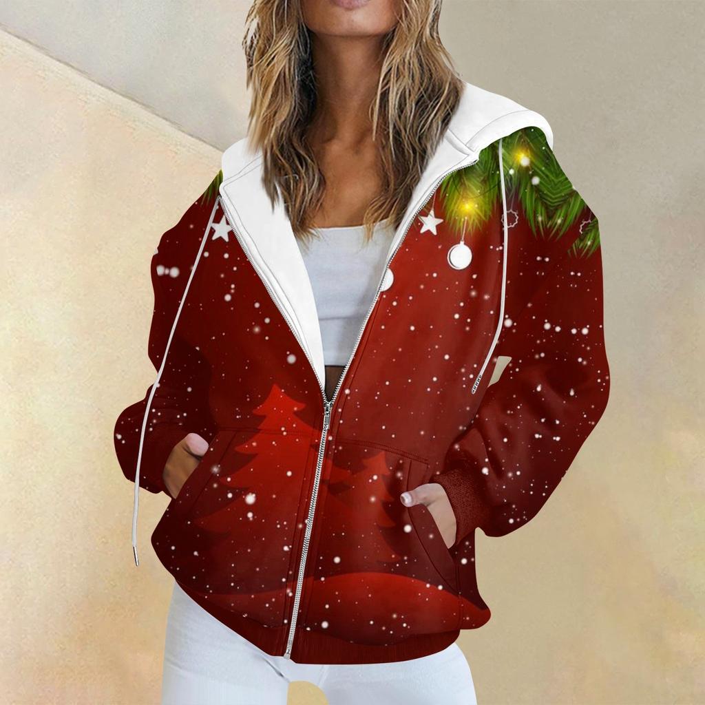 Women's Fashion Casual Christmas Print Long Sleeve Sweatshirt Pocket Jacket Zipper Hoodie Coat