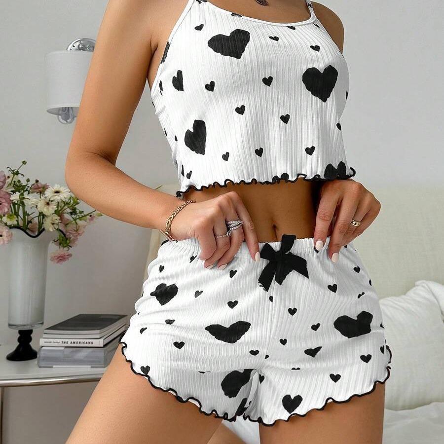 Strawberry Heart Print Women's Casual Camisole Shorts Set