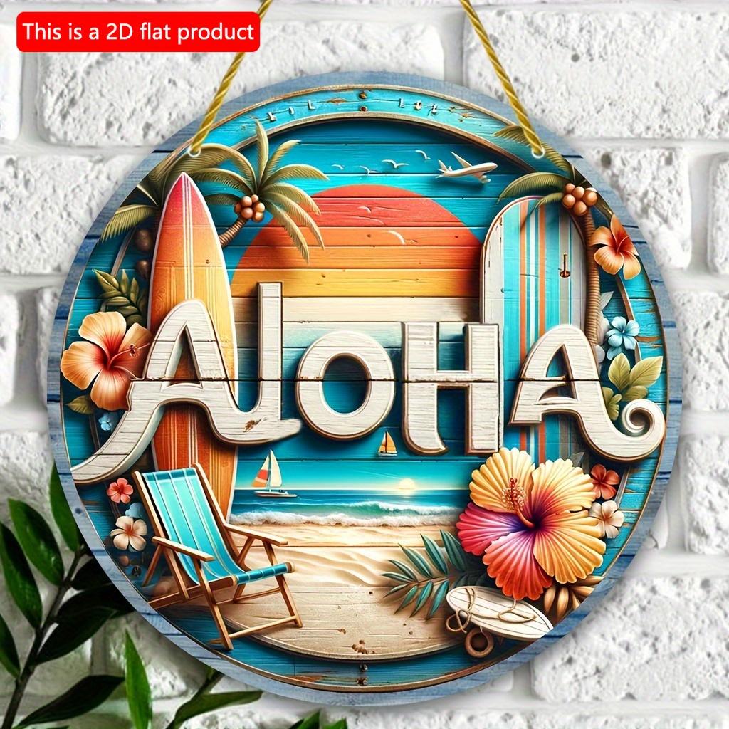 2D Flat 20*20cm1pc Aloha Beach Scenery Vacation Style Round Wooden Hanging Sign, Summer Flower&Coconut Tree&Surfboards&lounge Chairs Patterns