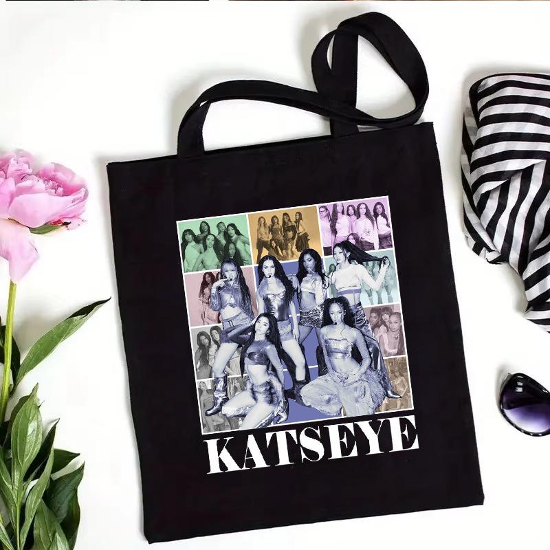 Katseye Kpop Merch Canvas Tote Bag Shoulder Handbag Shopping Bag Large Capacity Eco Friendly Fan Gift White