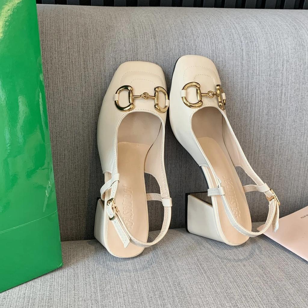 Женская обувь 2024 Металлическое украшение Женские туфли на высоком каблуке Модная пряжка Офисные Профессиональные Квадратный носок Толстый каблук Сандалии Zapatos