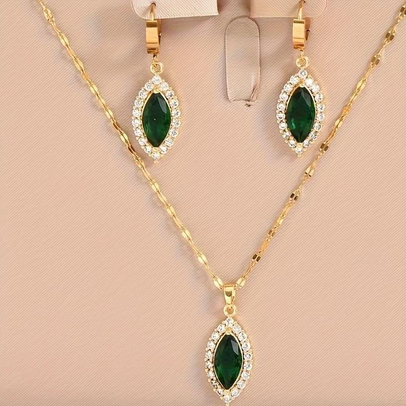 3PCS A set of gold-plated stainless steel cubic zirconia and emerald leaf pendant necklace and earrings combination jewelry set for women, suitable