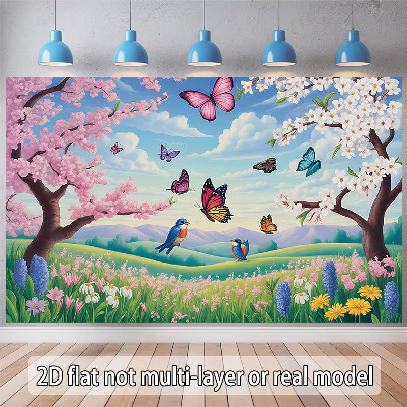 2D Floral Garden Backdrop, Enchanted Sakura Meadow with Birds and Butterflies Background for Themed Events