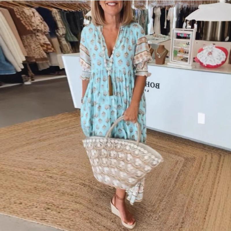 Women's Summer V-neck Fashion Printed Lantern Sleeve High Waist Big Swing Dresses