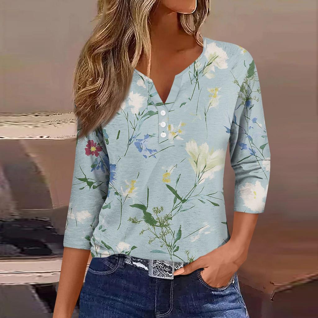 Женская модная повседневная футболка с цветочным принтом, V-образным вырезом, коротким рукавом, декоративными пуговицами и рукавом три четверти