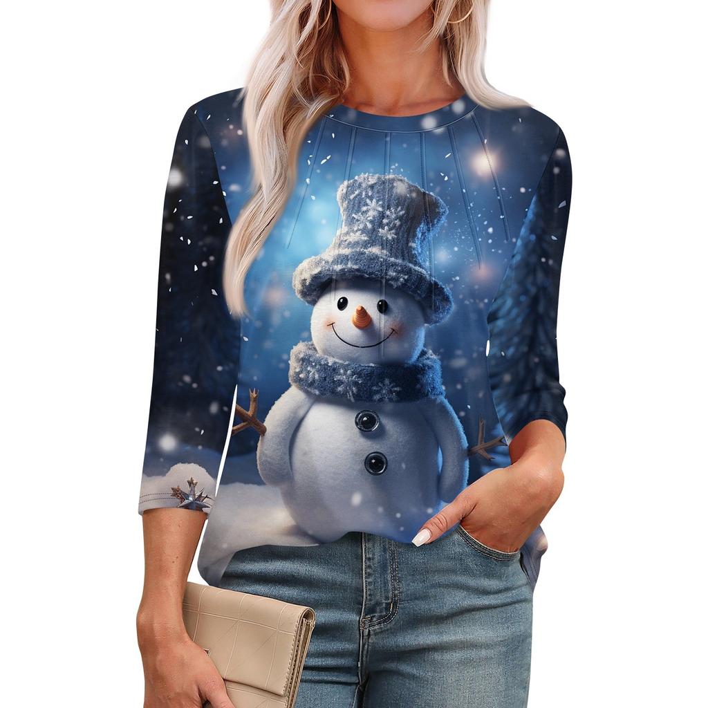 Женская модная футболка с круглым вырезом и рукавом 3/4 с принтом, повседневная, базовая, плиссированная, пуловер