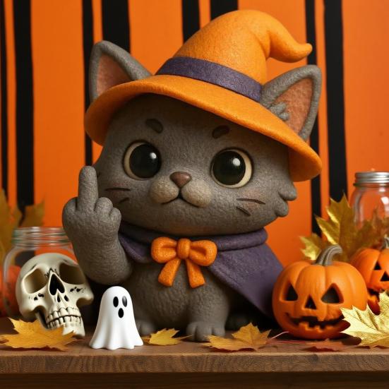 Halloween Cat Figurine Middle Finger Mini Cat Statue Desktop Wizard Hat Cat Ornament for Home Desk Shelf Mantel Party Decoration