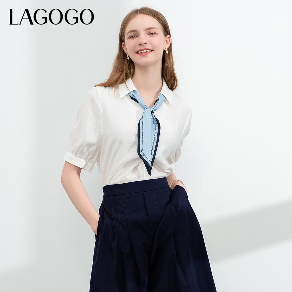 [Same as in the mall] Lagogo's new lace up style, texture, versatile white top for women