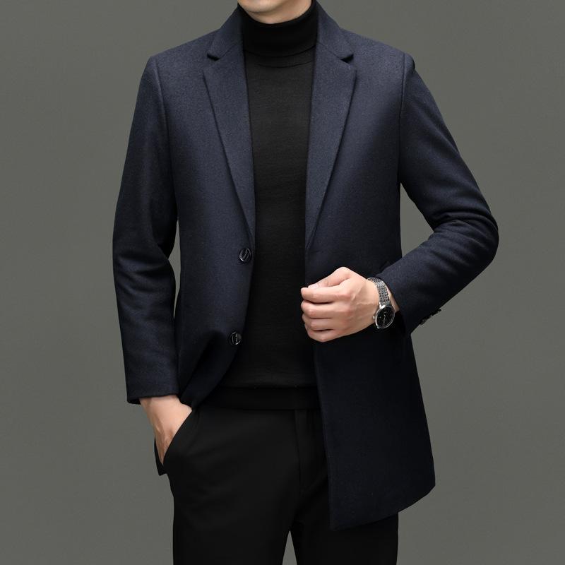 Осенне-зимнее мужское шерстяное пальто в стиле business casual, однотонное, средней и большой длины, с воротником-стойкой, двустороннее