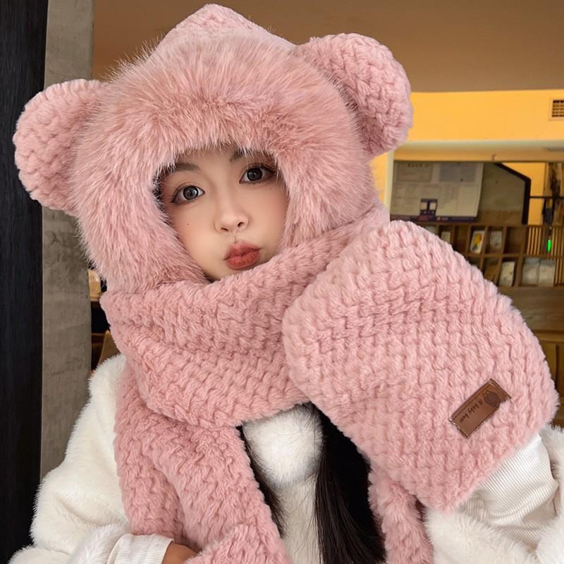 Hat Female Autumn and Winter Warm Knitted Wool Snow Hat Cycling Mother Fashion Ear Protection Headgear Scarf Integrated Hat