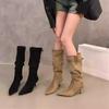 Pointed High Heel Khaki Skinny Boots Women's Shoes Summer Vintage Pile Boots Medium Barrel