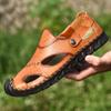 Summer Closed Toe Sandals Men's Plus Size Genuine Leather Beach Shoes Men's Cowhide Non-Slip Leisure Breathable Outer Wear Outdoor Shoes