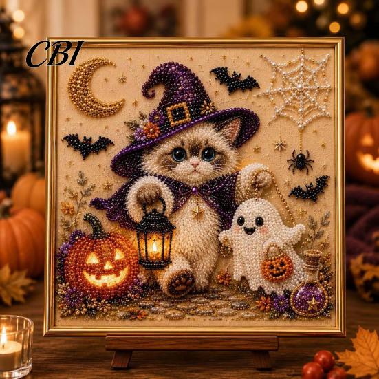 Unique Birthday Gifts for Her Ghost Faux Pearl Art DIY Kit with Frame, Halloween Cat Painting Wall Decor Ornaments Kit, 3D Witch Pumpkin Craft Adults,