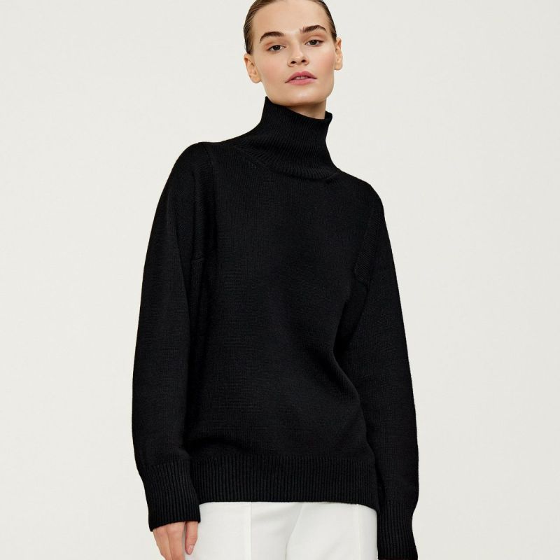 Новый свитер, женский свободный вязаный пуловер с высоким воротником и длинными рукавами, теплый свитер