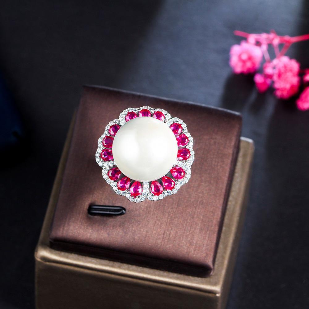 Ювелирные изделия CMM Красивый шикарный красный цирконий цветок круглый массивный большой регулируемый искусственный жемчуг кольцо для женщин праздничная одежда ювелирные изделия