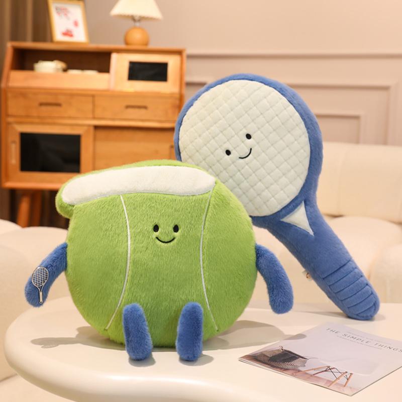 Novel Tennis and Tennis Racket Plush Toys Kawaii Tennis Sports Doll Soft Tennis Ball Stuffed Pillows Fun Sofa Decorative Cushion