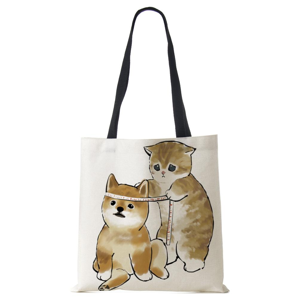 Женская сумка с милым животным кошачьим принтом, повседневная складная сумка-тоут для покупок в стиле Харадзюку, многоразовые сумки на плечо большой емкости