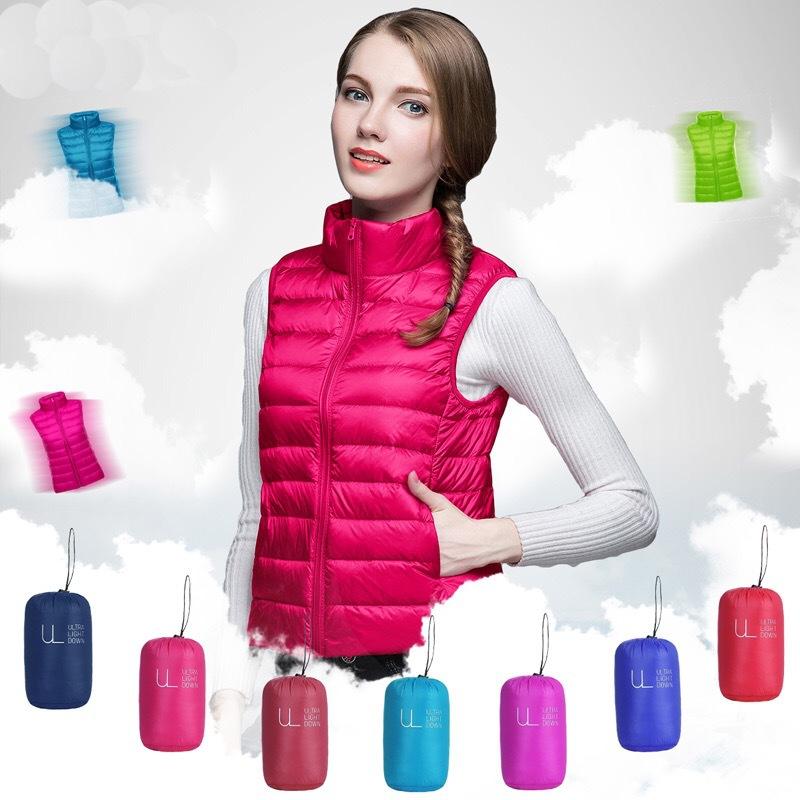 Women Autumn Stand Collor Solid Color Sleeveless Zipper Slim Lightweight Down Vest M-4XL