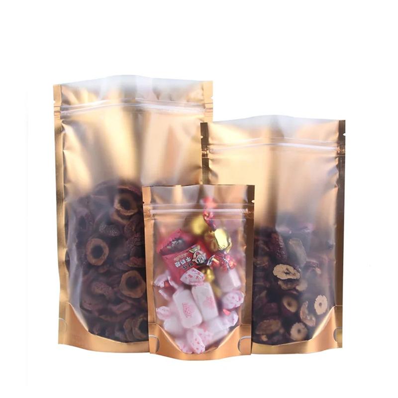 100 шт., золотая алюминиевая сумка, одностороннее прозрачное окно, сумка с замком на молнии, стоячие упаковочные пакеты для еды, пластиковые пакеты для хранения зерна, витрина