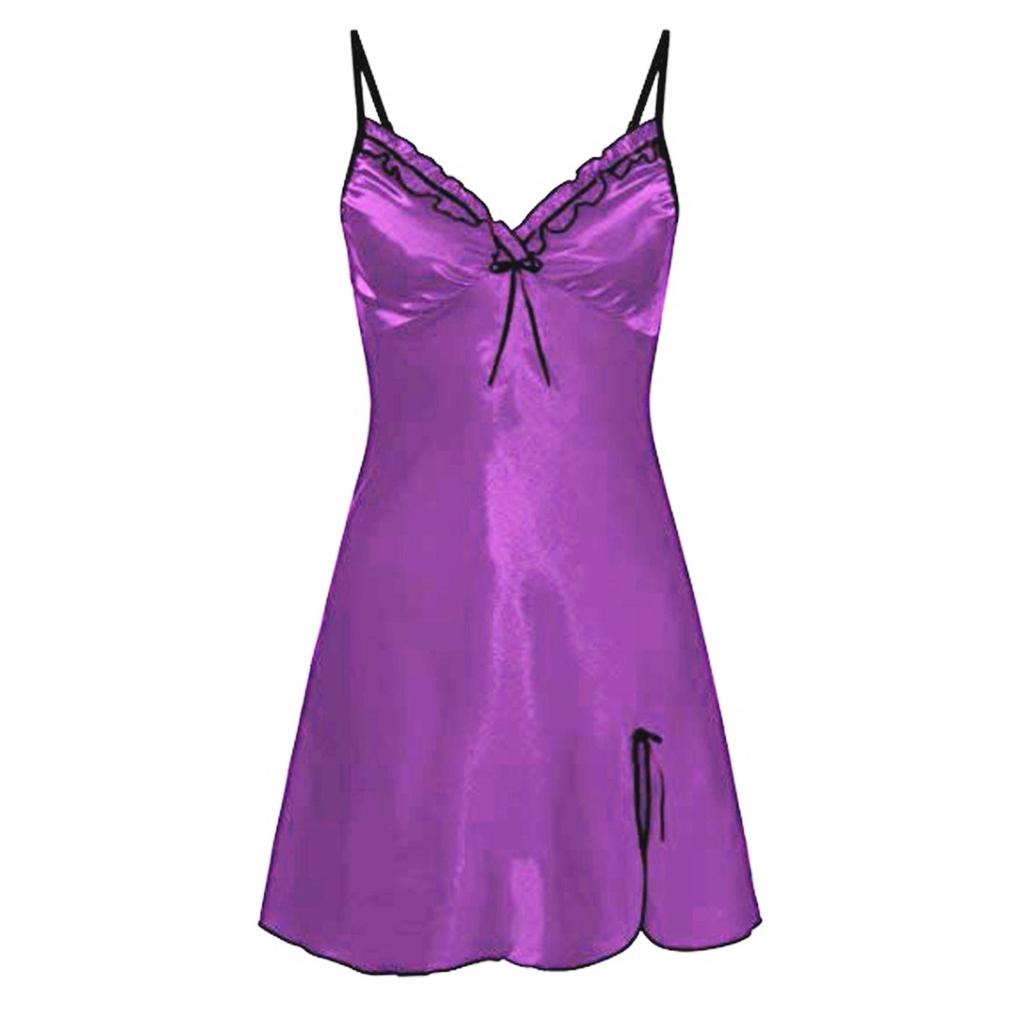 Women's Satin Slip Silk Bow Solid Color Sexy Sleepwear  Lingerie Dress