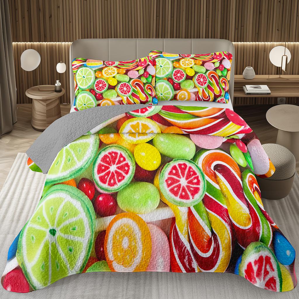 Сладкий Конфетный Комплект Квилтов для Девочек Мальчиков Подростков, Комплект Покрывал на Кровать на Тему Леденцов Кинг Десертное Стеганое Покрывало Мультяшный Стиль Покрывало на Кровать