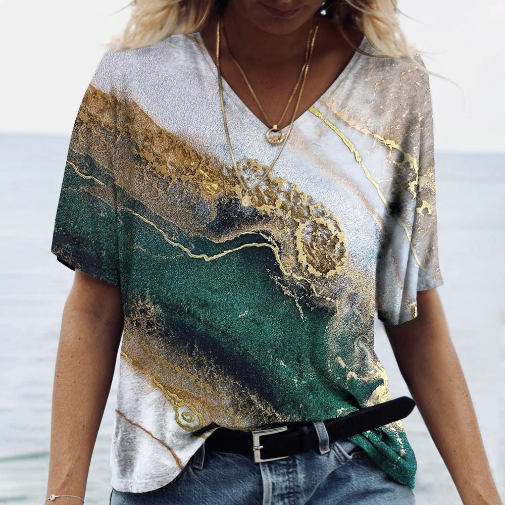 Летние женские футболки с 3D-принтом, градиентная футболка Harajuku, свободные футболки для женской одежды, новые топы с коротким рукавом и V-образным вырезом