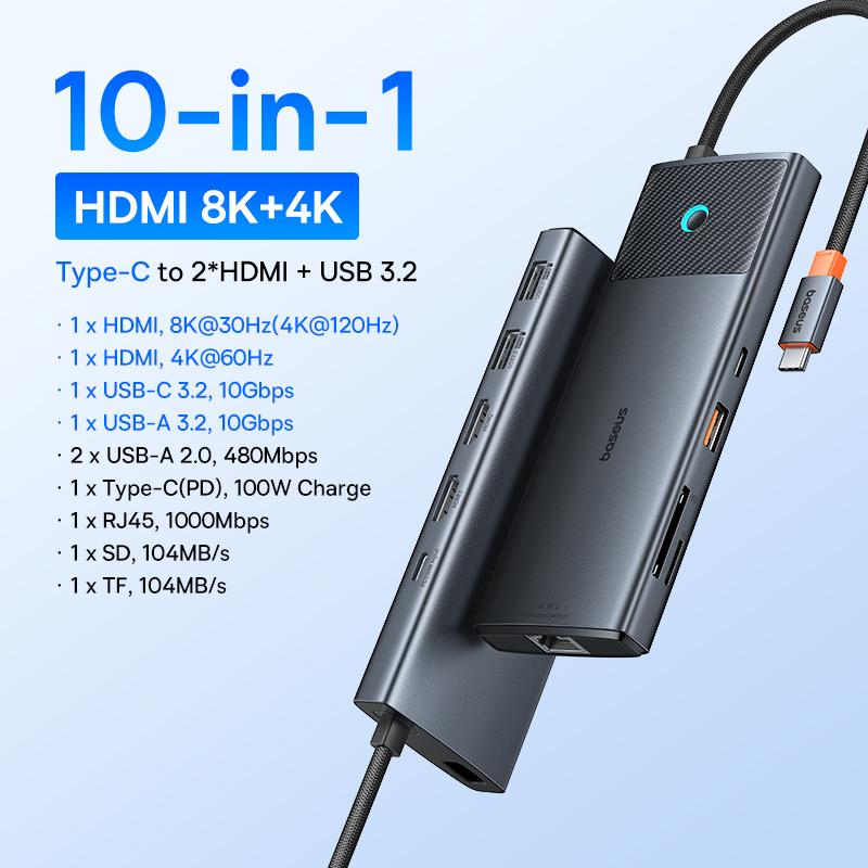 Baseus USB C HUB Dual HDMI 8K 4K Adapter 10-in-1 USB 3.2 10Gbps Splitter with RJ45 SD TF Type C PD 100W for MacBook Pro Air HUB
