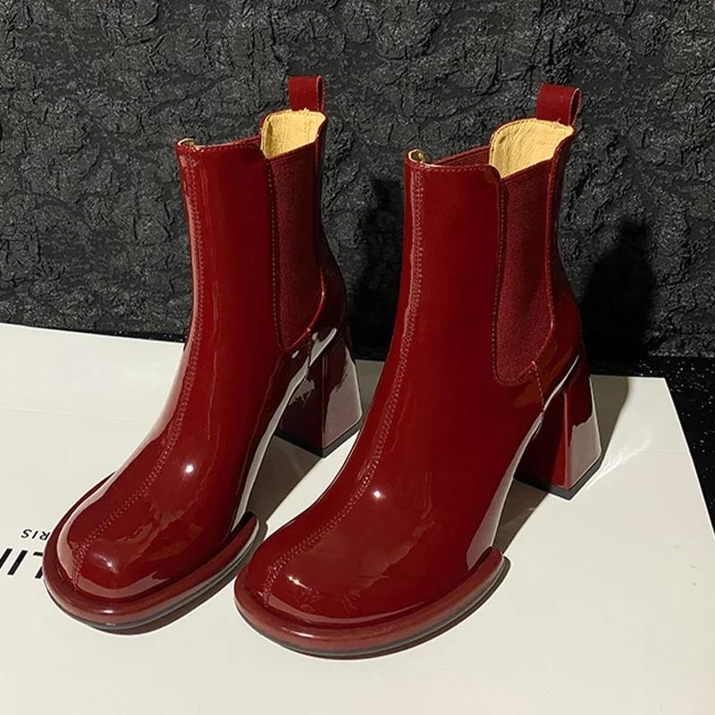 Chunky Leather Women Ankle Boots Fashion Winter High Heels Shoes New Brand 2025 Trend Sexy Goth Pumps Designer