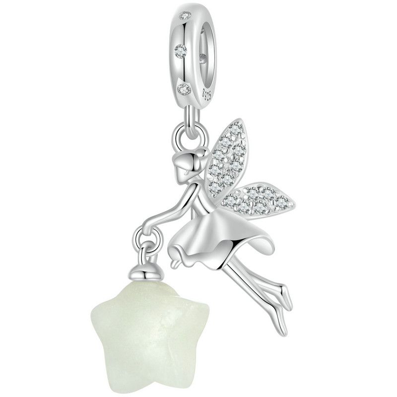 WOSTU Original 925 Sterling Silver Glowing Angel Pendant magic Elves witch Luminous Charms for Bracelet Necklace DIY Jewelry