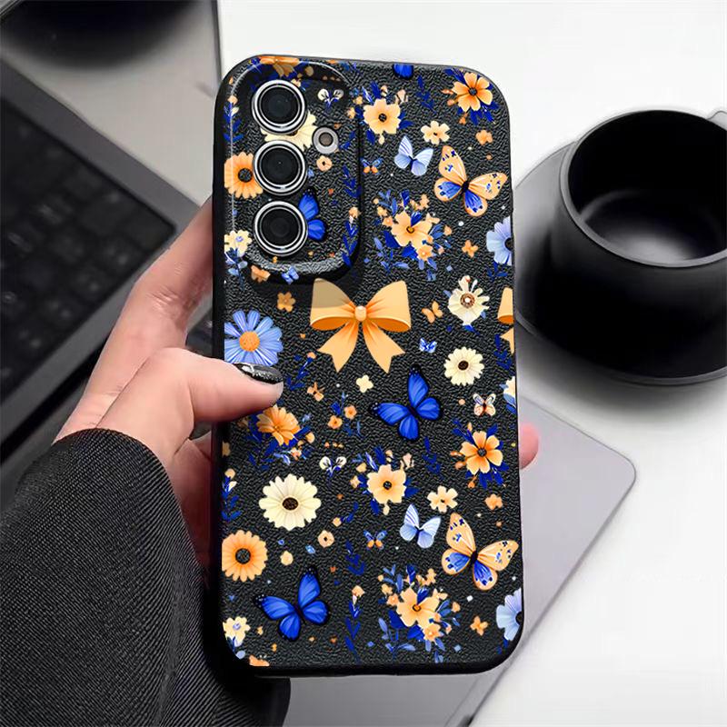 Синий Бабочка Цветочный Чехол Для Samsung S26 S25 S24 Ultra S23 S22 S21 FE A15 A16 A17 A26 A35 A36 A37 A54 A55 A56 A57 5G Кожаная Текстура Силиконовая Крышка