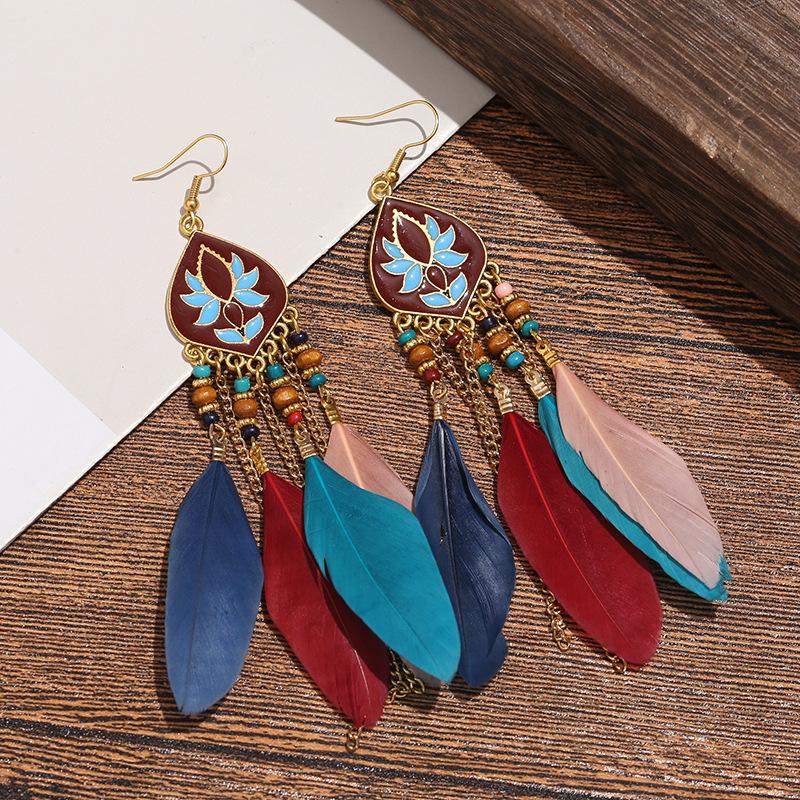 High-Value Feather Earrings Bohemian Long Tassel Photo Women'S Ear Hooks Personalized Earrings